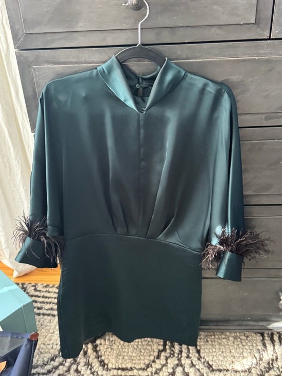 Zara Dresses & Skirts - Zara Emerald Satin Mini Dress with Feather Cuffs